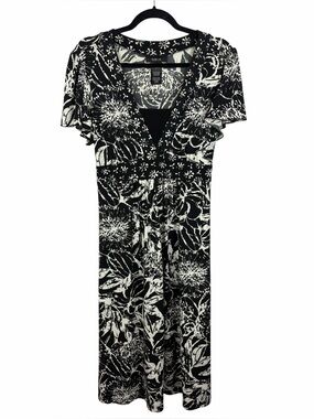 Style & Co Black White Floral Dress Large Flutter Sleeve Empire Waist Tie Back